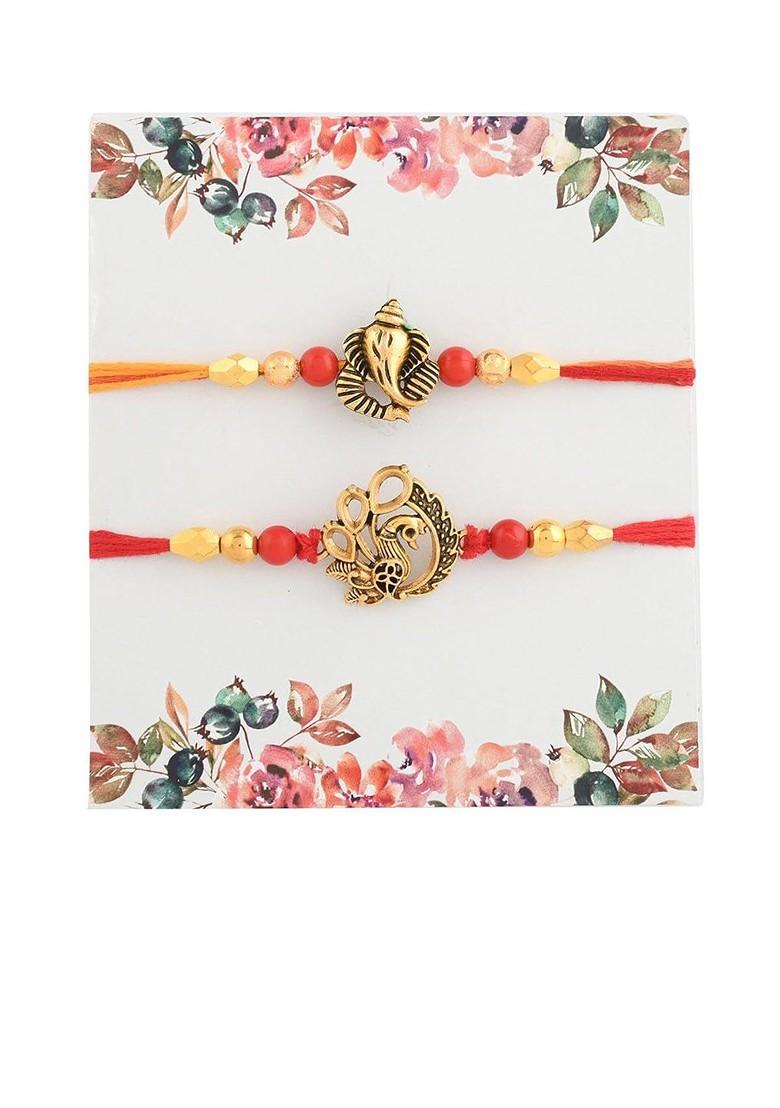 2 Pcs Red Beaded Rakhi With Fridge Magnet And Roli Tilak - Indya