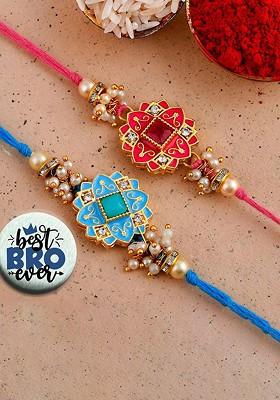 2 Pcs Beaded Rakhi With Roli Tilak And Fridge Magnet