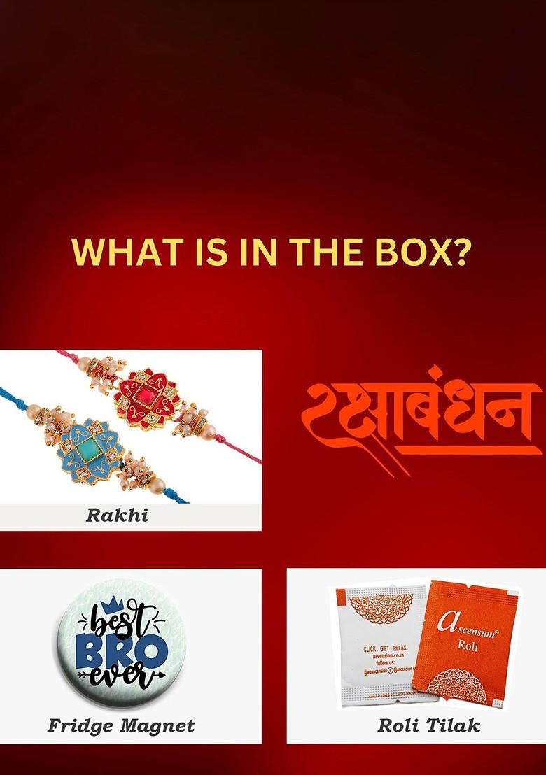 2 Pcs Beaded Rakhi With Roli Tilak And Fridge Magnet - Indya