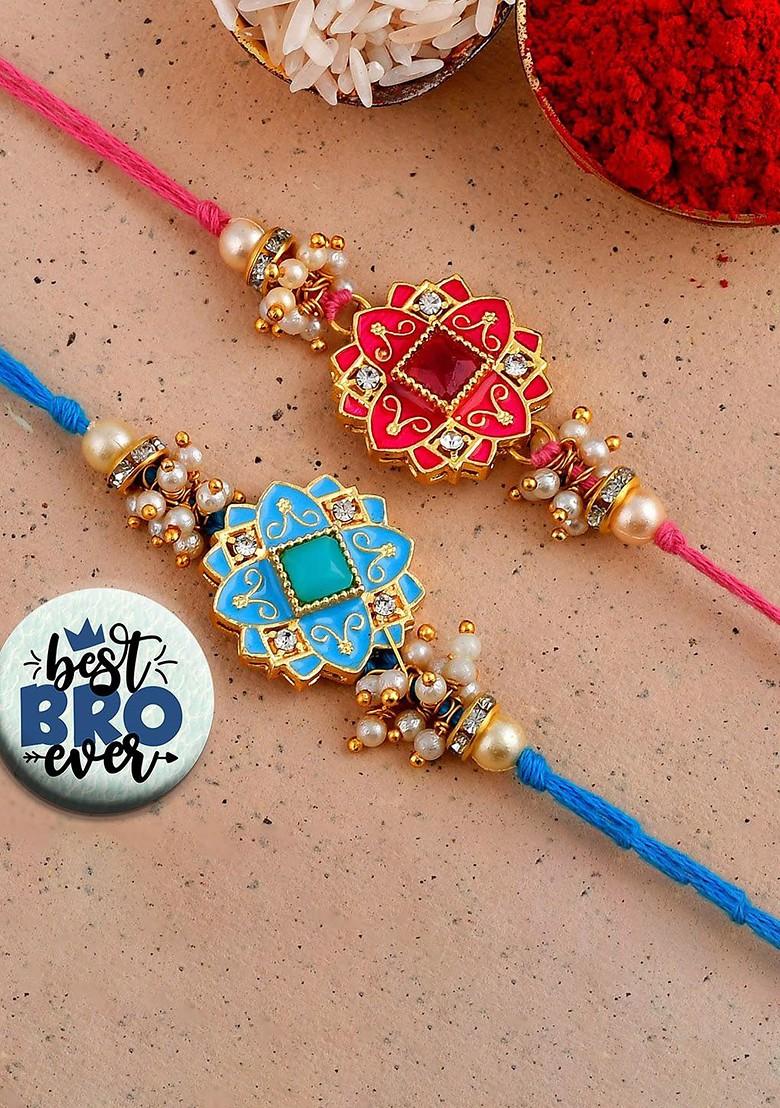 2 Pcs Beaded Rakhi With Roli Tilak And Fridge Magnet - Indya