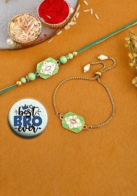 2 Pcs Bhaiya Bhabhi Beaded Rakhi With Fridge Magnet And Roli Tilak Gift Set