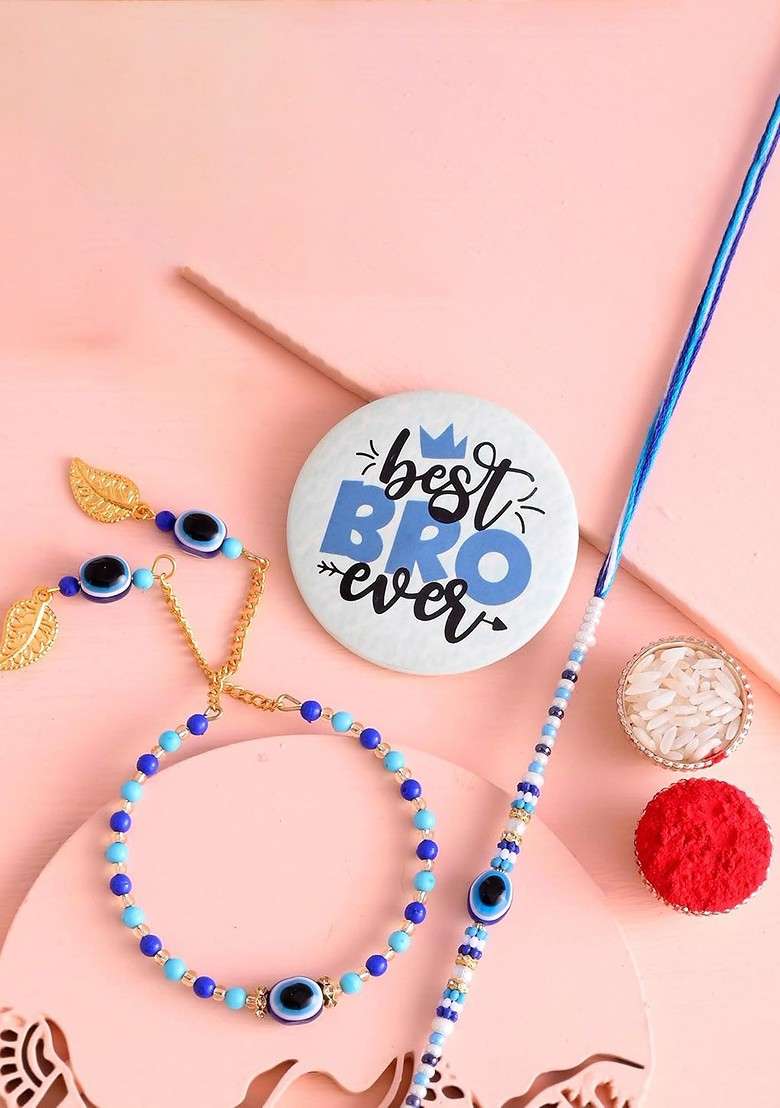 2 Pcs Blue Bhaiya Bhabhi Rakhi With Fridge Magnet And Roli Tilak - Indya