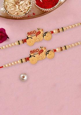2 Pcs Beaded Rakhi With Fridge Magnet And Roli Tilak