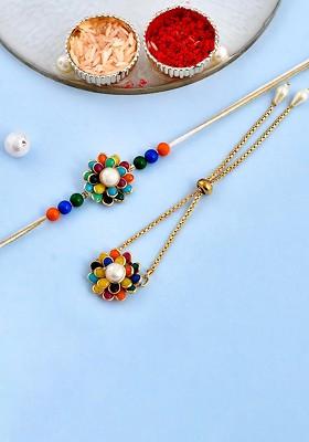 2 Pcs Stones Studded And Beaded Rakhi With Roli Tilak And Fridge Magnet
