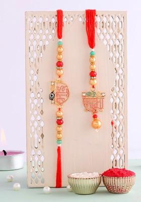 Set Of 2 Beaded Bhaiya Bhabhi Rakhi With Roli Tilak And Fridge Magnet
