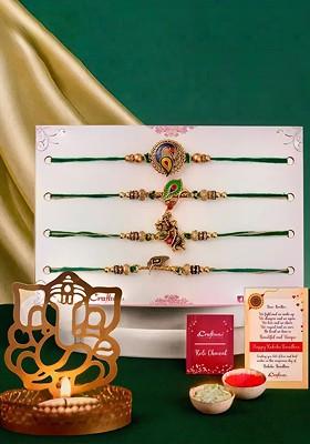Set Of 5 Thread Rakhi And Lord Ganesha Tea Light Holders With Roli Chawal