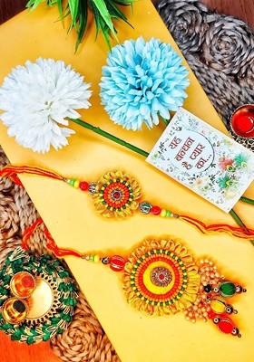 Set Of 2 Yellow Pearl Bhaiya Bhabhi Rakhi With Roli Chawal
