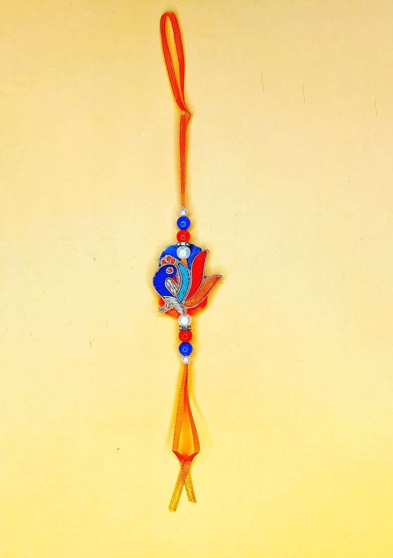 Set Of 2 Orange Peacock Design Bhaiya Bhabhi Thread Rakhis With Roli Chawal - Indya