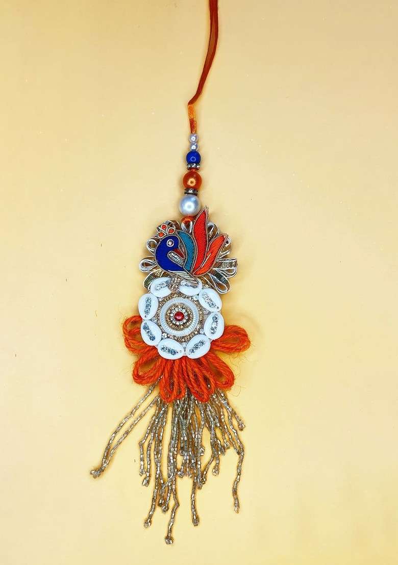 Set Of 2 Orange Peacock Design Bhaiya Bhabhi Thread Rakhis With Roli Chawal - Indya