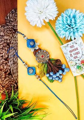 Set Of 2 Multicolor Stone Studded Bhaiya Bhabhi Thread Rakhi With Roli Chawal