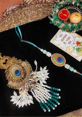 Set Of 2 Gold Toned And Green Peacock Design Bhaiya Bhabhi Rakhi With Roli Chawal
