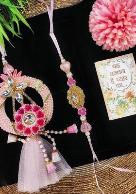 Set Of 2 Pink Stone Studded Bhaiya Bhabhi Rakhi With Roli Chawal