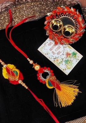 Set Of 2 Red And Yellow Bhaiya Bhabhi Thread Rakhi With Roli Chawal