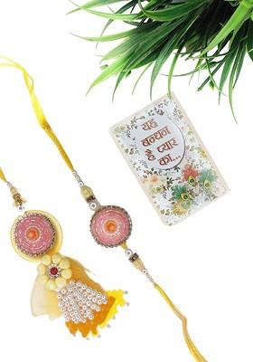 Set Of 2 Yellow Bhaiya Bhabhi Rakhi With Roli Chawal