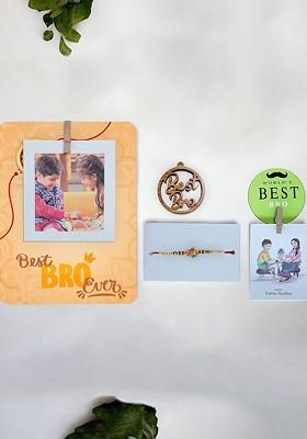 Set Of 4 Rakhi With Key Chain Photo Frame And Fridge Magnets