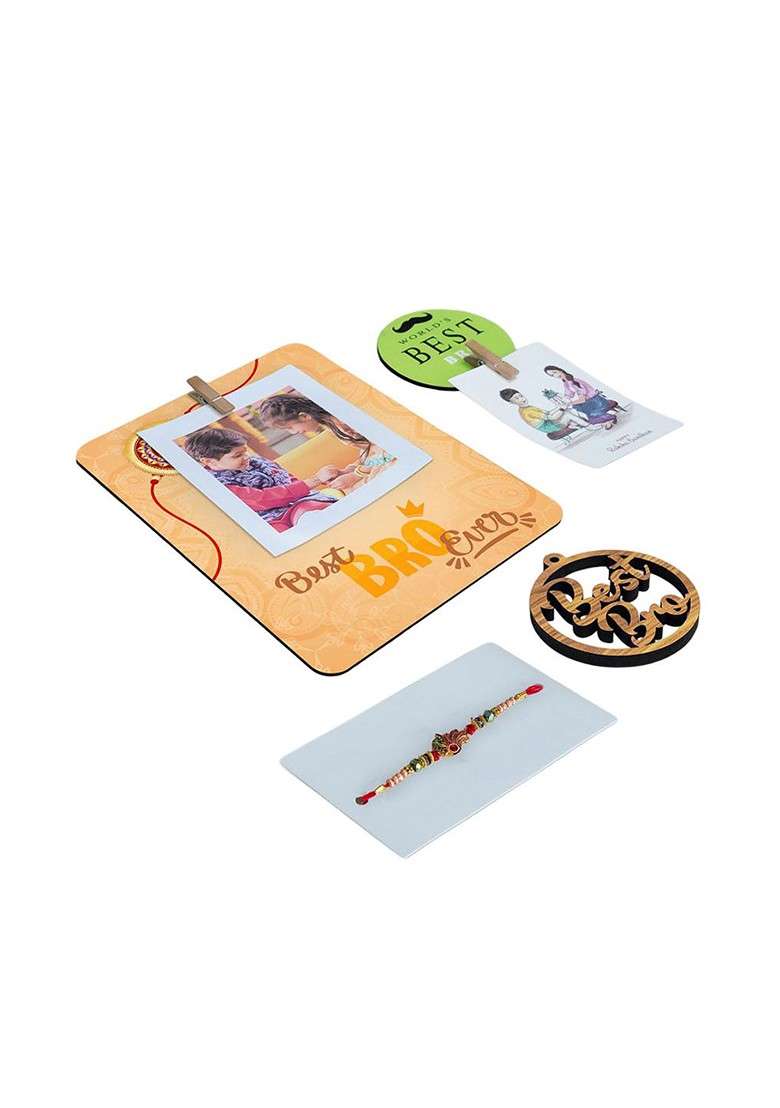 Set Of 4 Rakhi With Key Chain Photo Frame And Fridge Magnets - Indya