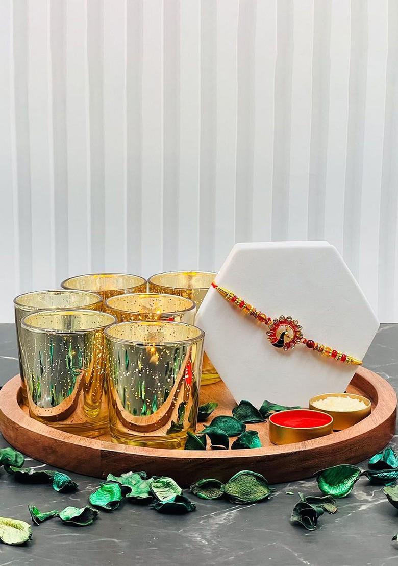 Set Of 6 Glass Candle With Rakhi Gift Set