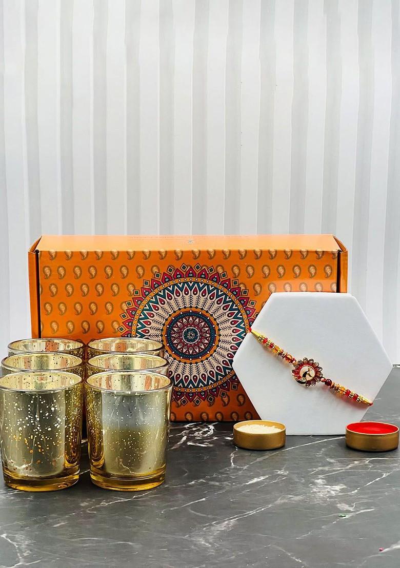 Set Of 6 Glass Candle With Rakhi Gift Set