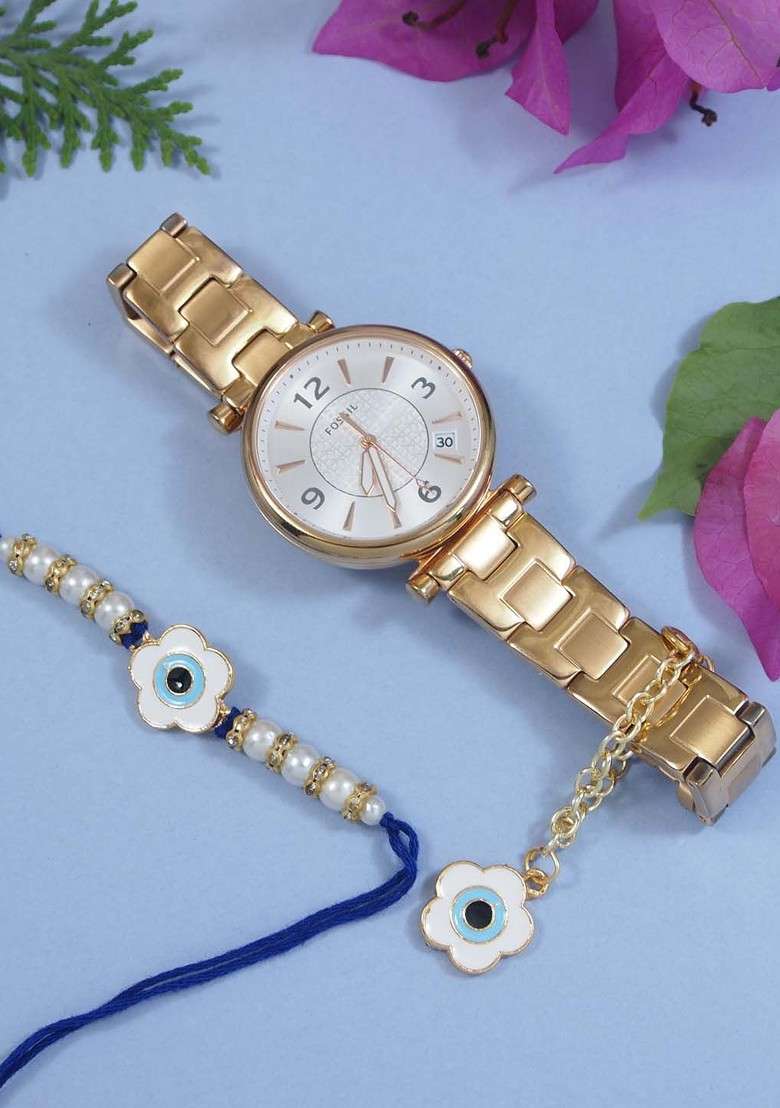 Floral Evil Eye Beaded Bhaiya Bhabhi Rakhi With Watch Accessories Gift Set - Indya