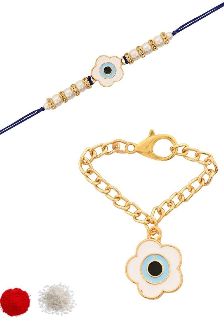 Floral Evil Eye Beaded Bhaiya Bhabhi Rakhi With Watch Accessories Gift Set - Indya