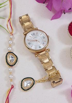 Kundan Studded And Beaded Bhaiya Bhabhi Rakhi With Watch Accessories Gift Set