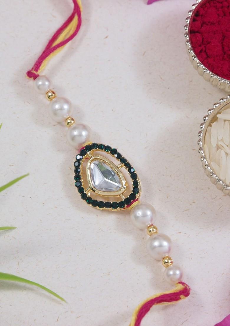 Kundan Studded And Beaded Bhaiya Bhabhi Rakhi With Watch Accessories Gift Set - Indya