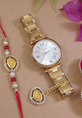 Kundan Studded And Beaded Bhaiya Bhabhi Rakhi With Watch Accessories Gift Set