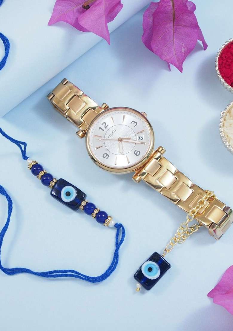 Evil Eye Beaded Rakhi With Watch Accessories Gift Set - Indya