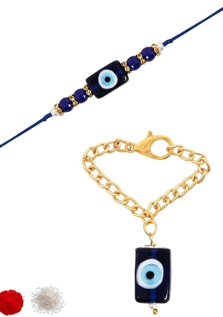 Evil Eye Beaded Rakhi With Watch Accessories Gift Set - Indya