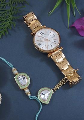 Kundan Studded And Beaded Bhaiya Bhabhi Rakhi With Watch Accessories Gift Set
