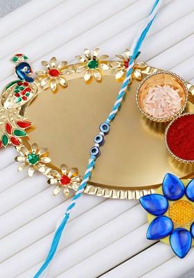 Set Of 2 Evil Eye Beaded Rakhi With Roli Chawal And Kankawati Pooja Thali