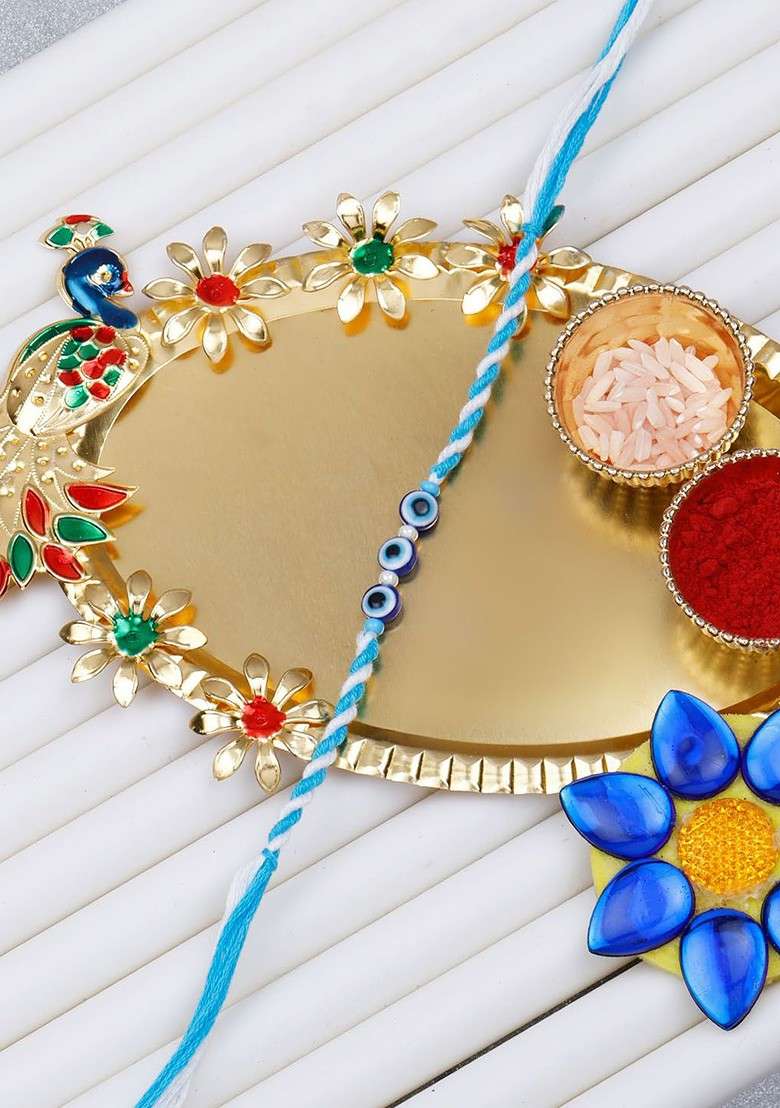 Set Of 2 Evil Eye Beaded Rakhi With Roli Chawal And Kankawati Pooja Thali - Indya