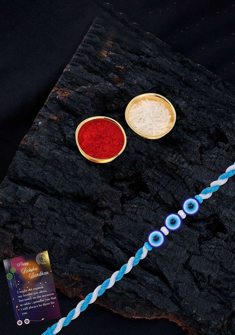 Set Of 2 Evil Eye Beaded Rakhi With Roli Chawal And Kankawati Pooja Thali - Indya