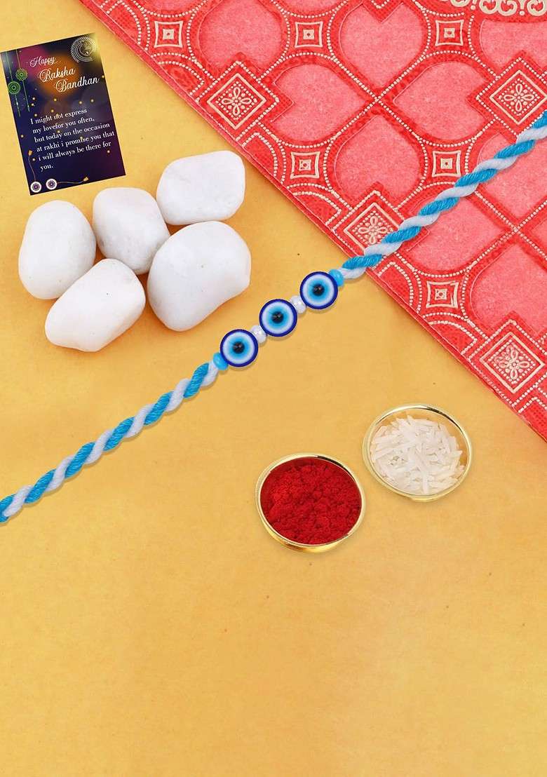 Set Of 2 Evil Eye Beaded Rakhi With Roli Chawal And Kankawati Pooja Thali - Indya