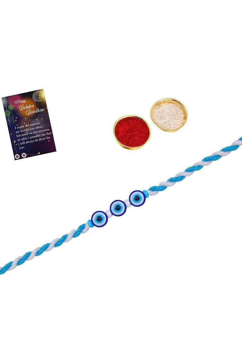 Set Of 2 Evil Eye Beaded Rakhi With Roli Chawal And Kankawati Pooja Thali - Indya
