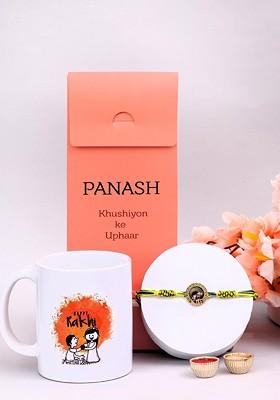 Gold Plated Rakhi With Gift Set Of Printed Mugs And Roli Chawal