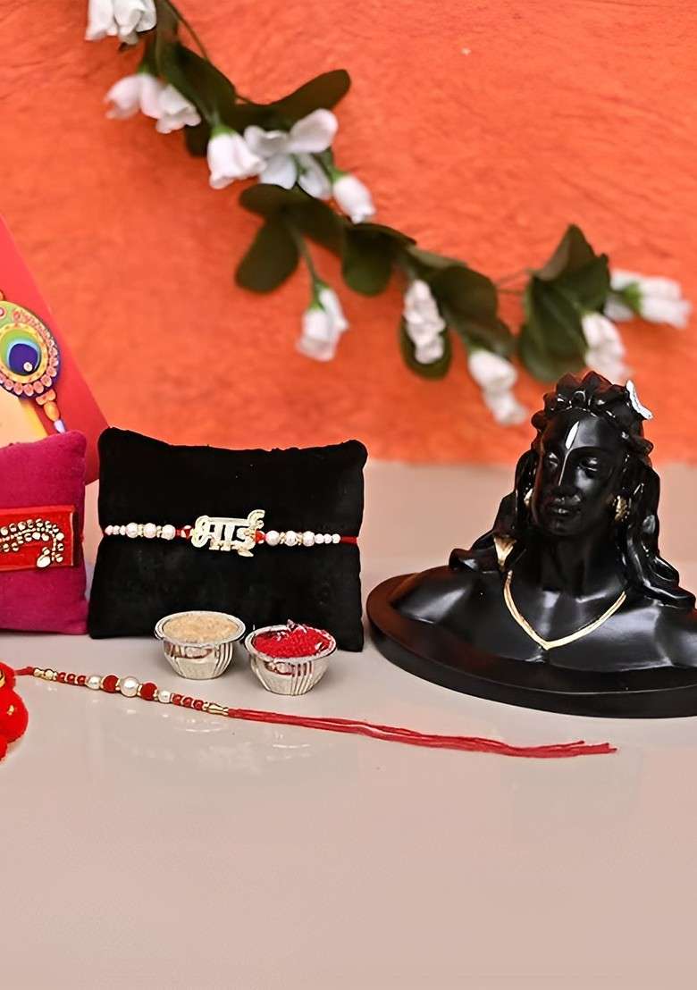 Set Of 4 Rakhi And Black Adiyogi Showpiece - Indya