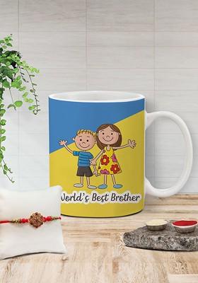 Stone Studded Rakhi And Printed Ceramic Mug Gift Set