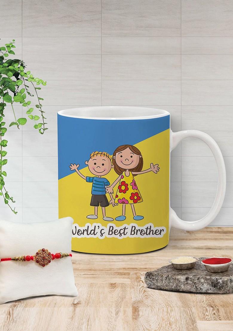 Stone Studded Rakhi And Printed Ceramic Mug Gift Set