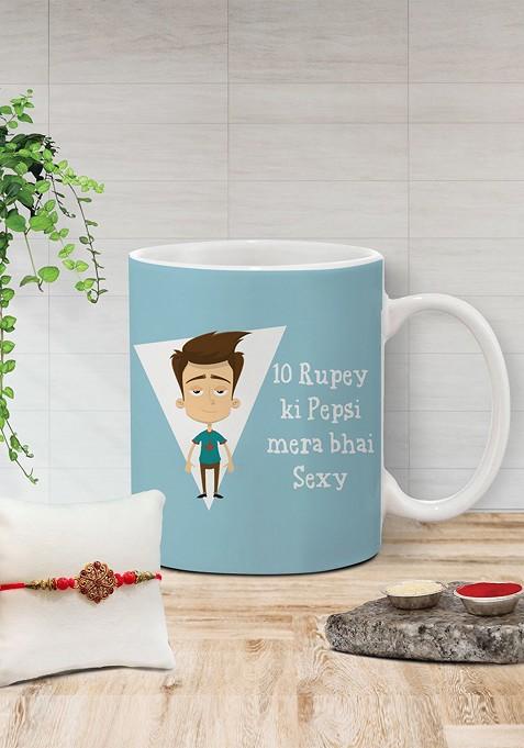 Stone Studded Rakhi And Printed Ceramic Mug Gift Set