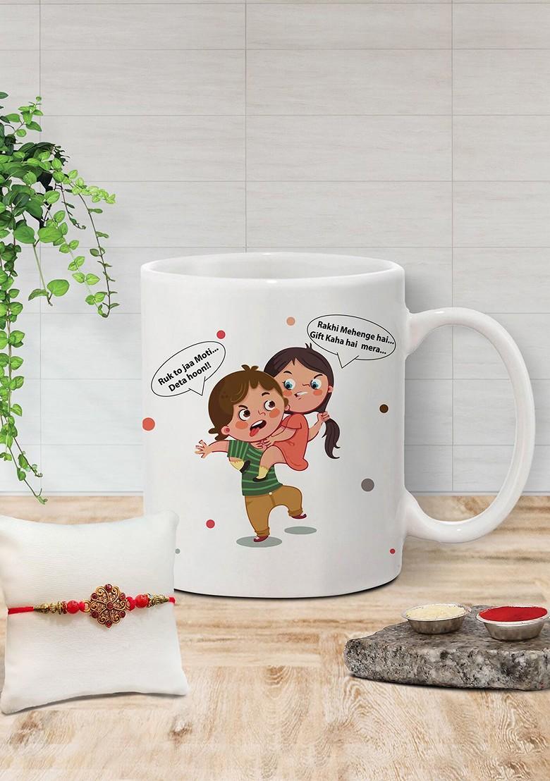Stone Studded Rakhi And Printed Ceramic Mug Gift Set