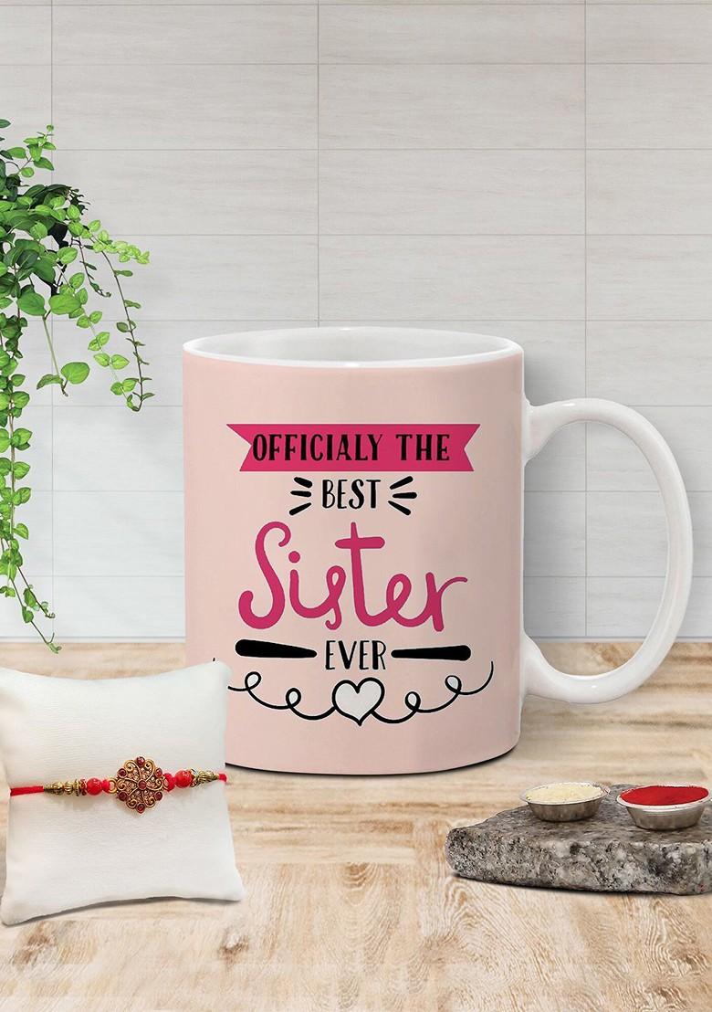 Stone Studded Rakhi And Printed Ceramic Mug Gift Set