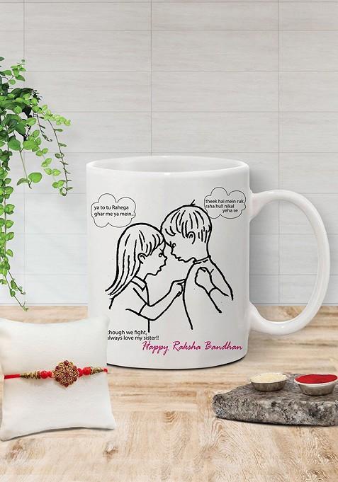 Stone Studded Rakhi And Printed Ceramic Mug Gift Set