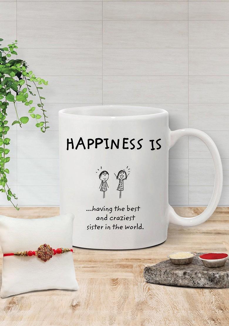 Stone Studded Rakhi And Printed Ceramic Mug Gift Set