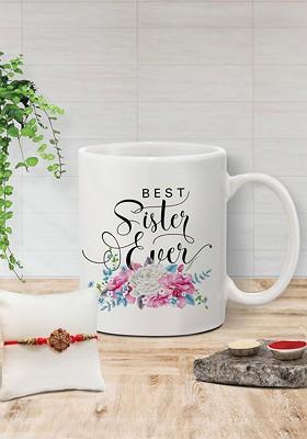 Stone Studded Rakhi And Printed Ceramic Mug Gift Set