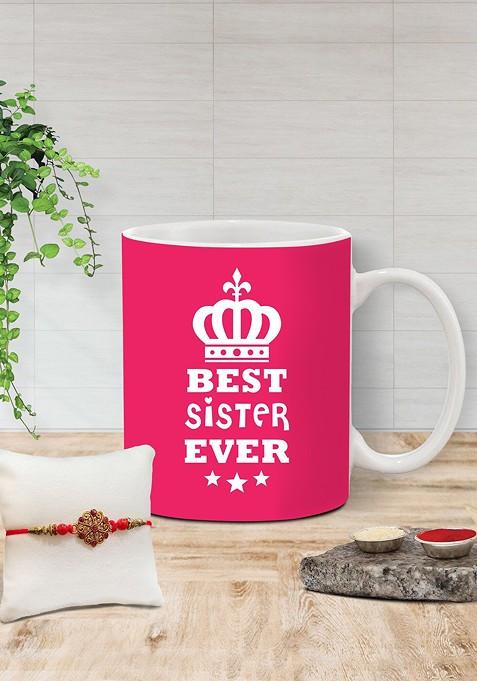 Stone Studded Rakhi And Printed Ceramic Mug Gift Set
