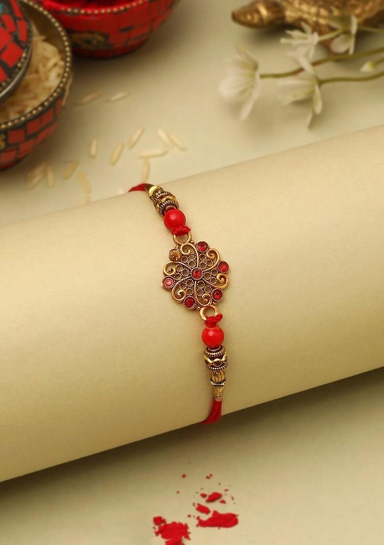 Stone Studded Rakhi And Printed Cushion Gift Set