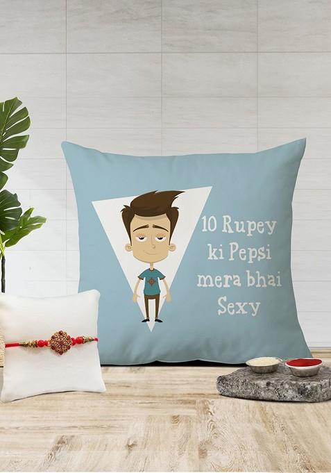 Stone Studded Rakhi And Printed Cushion Gift Set