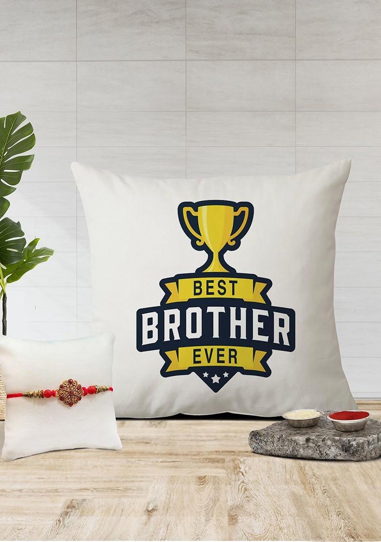 Stone Studded Rakhi And Printed Cushion Gift Set