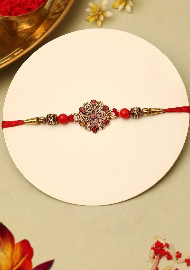 Stone Studded Rakhi And Printed Cushion Gift Set